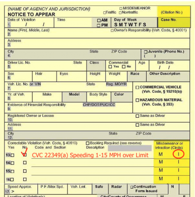 ticket traffic california violation example fines costs digits