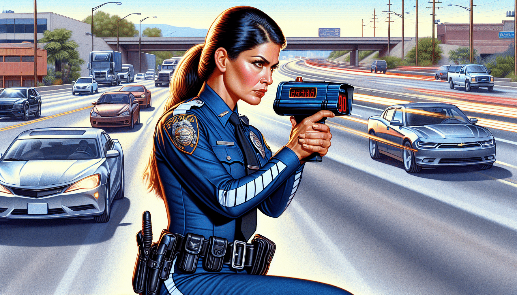 Illustration of a police officer using a radar gun to measure vehicle speed