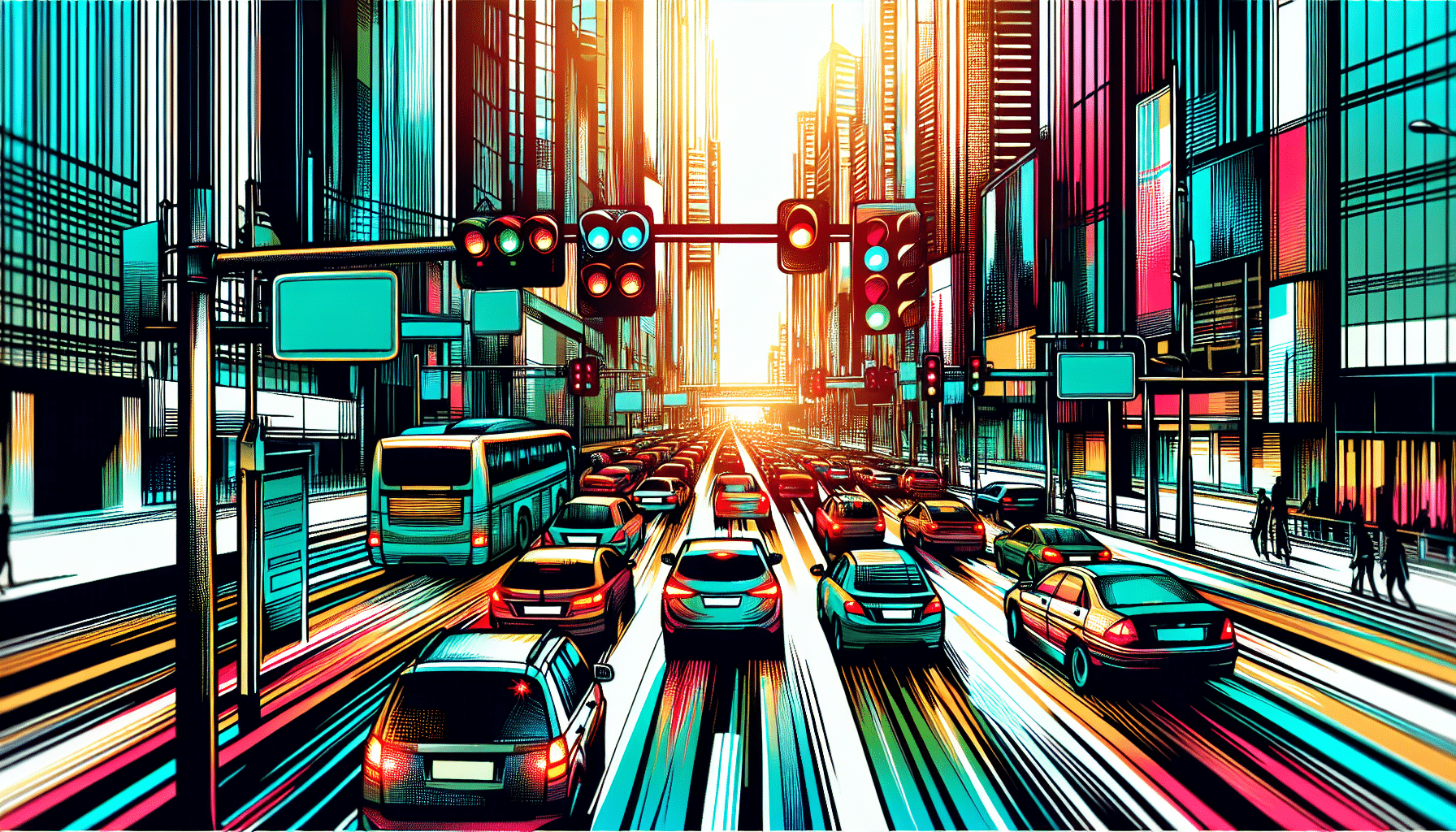 Illustration of a busy city street with cars and traffic signs