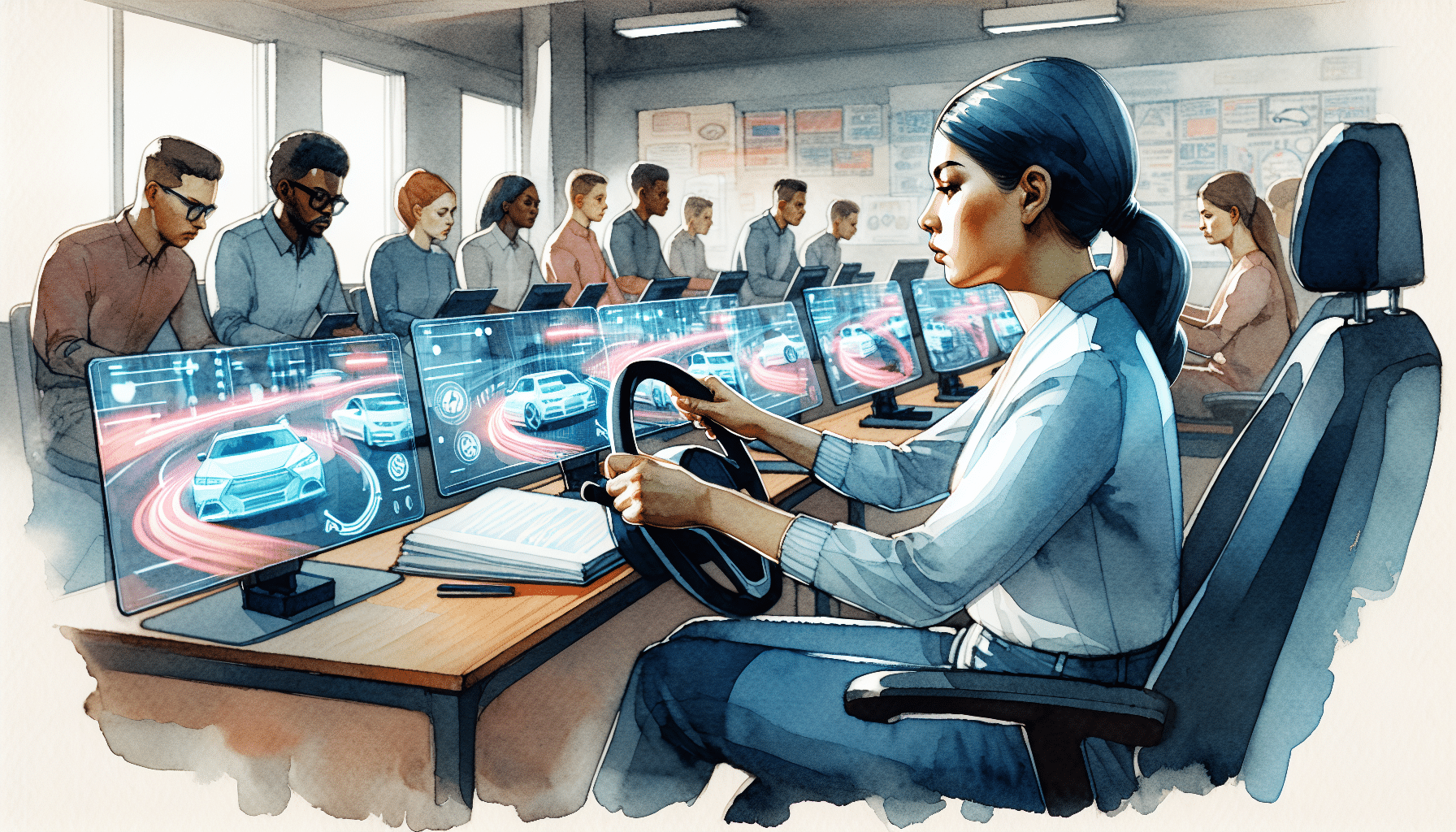 Watercolor painting of a person attending traffic school