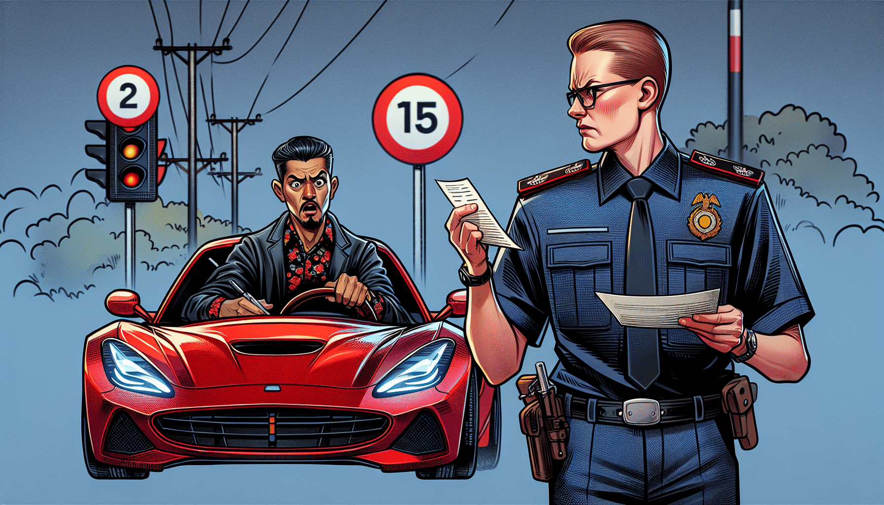 Cartoon of a police officer issuing a speeding ticket