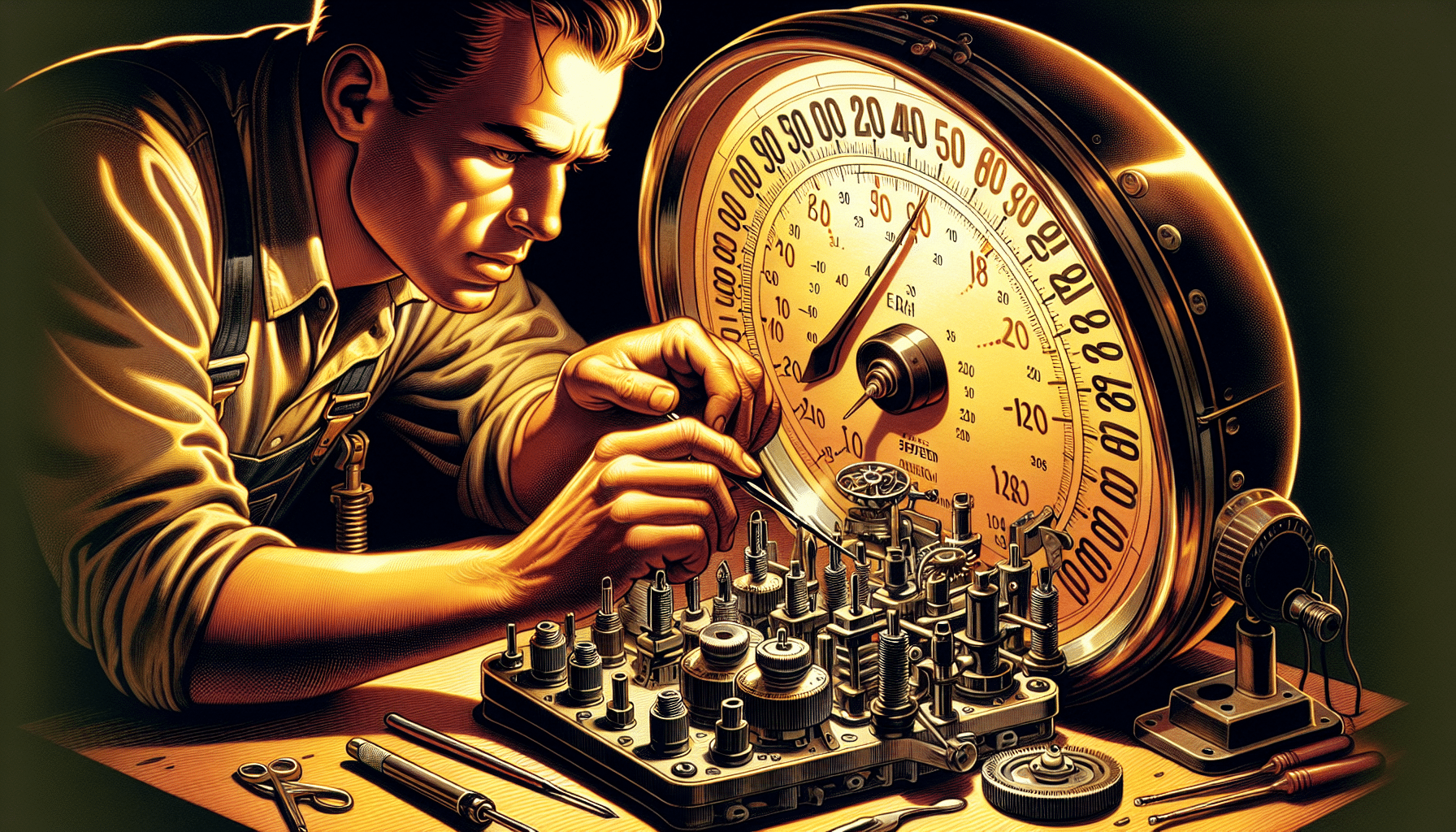 Illustration of a speedometer with a mechanic inspecting it