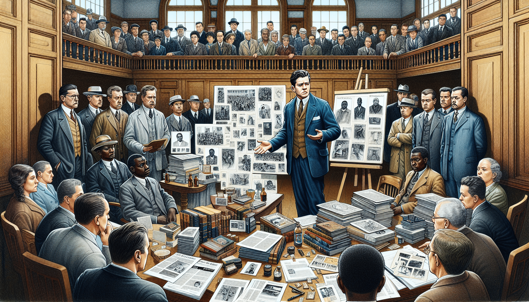 Illustration of a person presenting evidence and witnesses in a courtroom