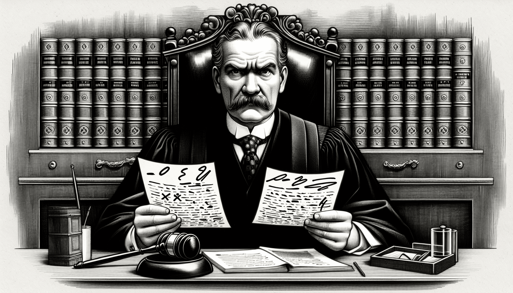 Illustration of a judge reviewing written declarations