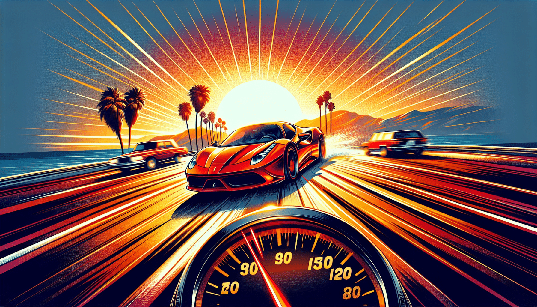 Illustration of a car speeding on a highway