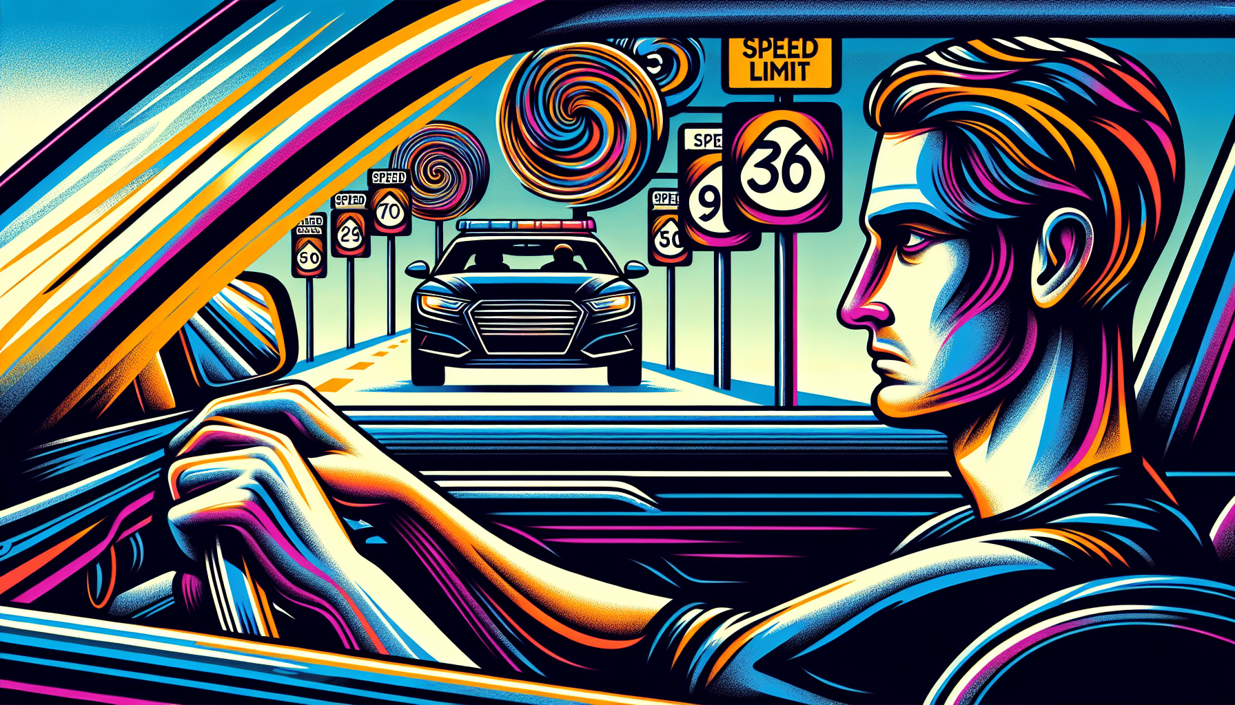 Illustration of a driver cautiously observing speed limit signs