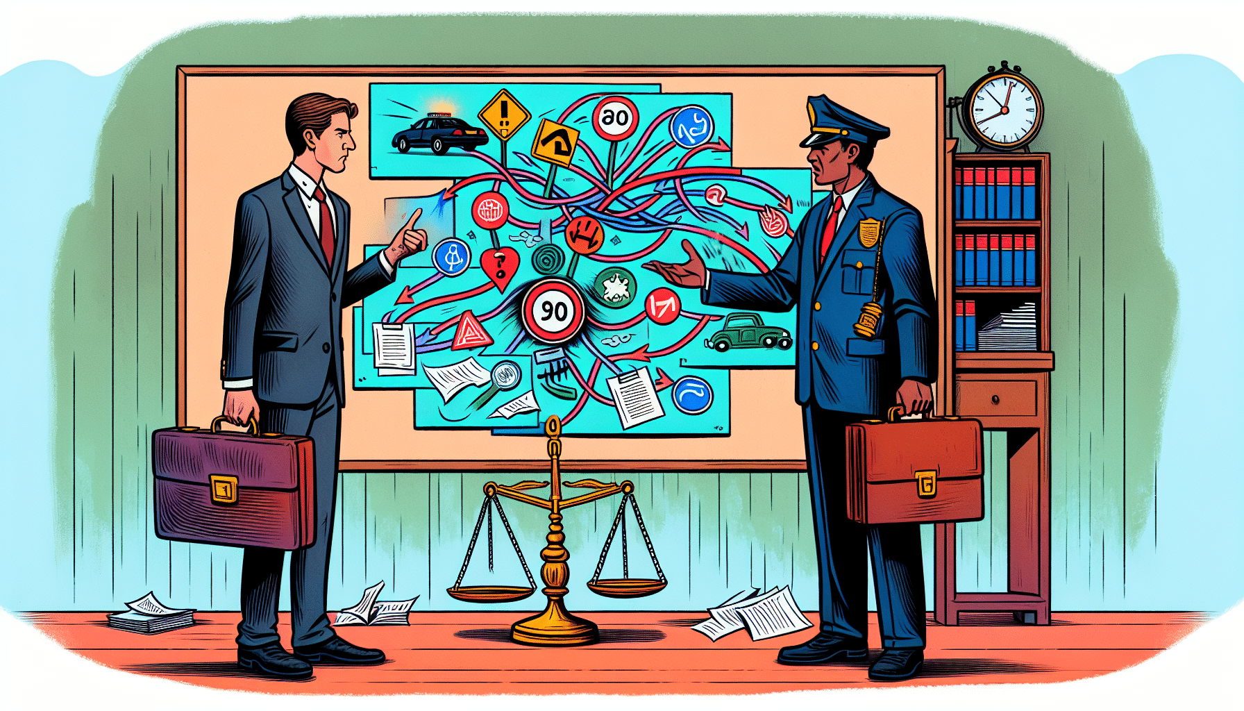 Cartoon of a person discussing legal defense strategies with an attorney