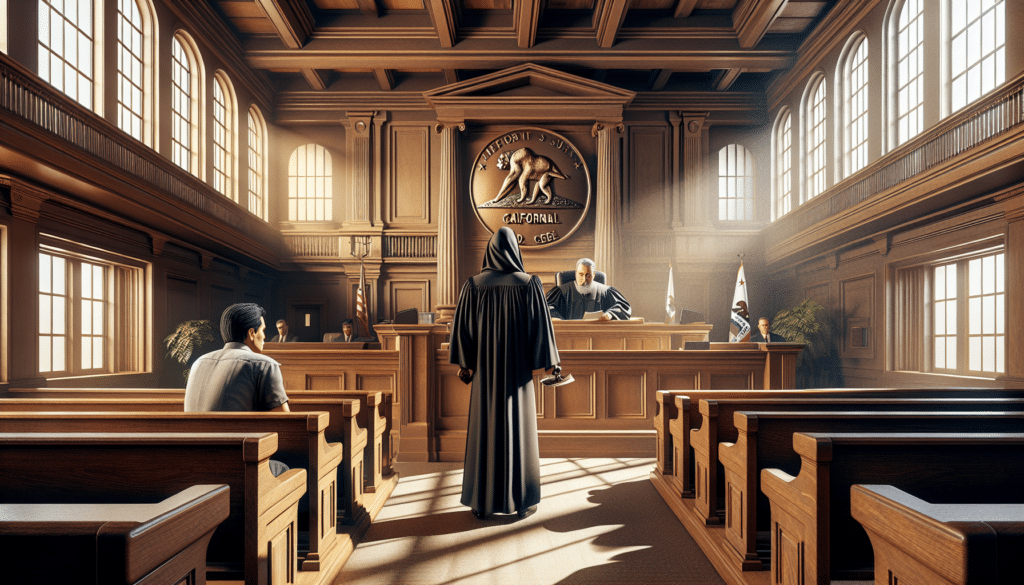 Illustration of a courtroom with a judge and defendant