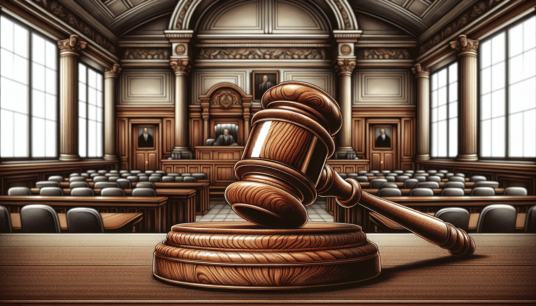 Illustration of a gavel in a courtroom
