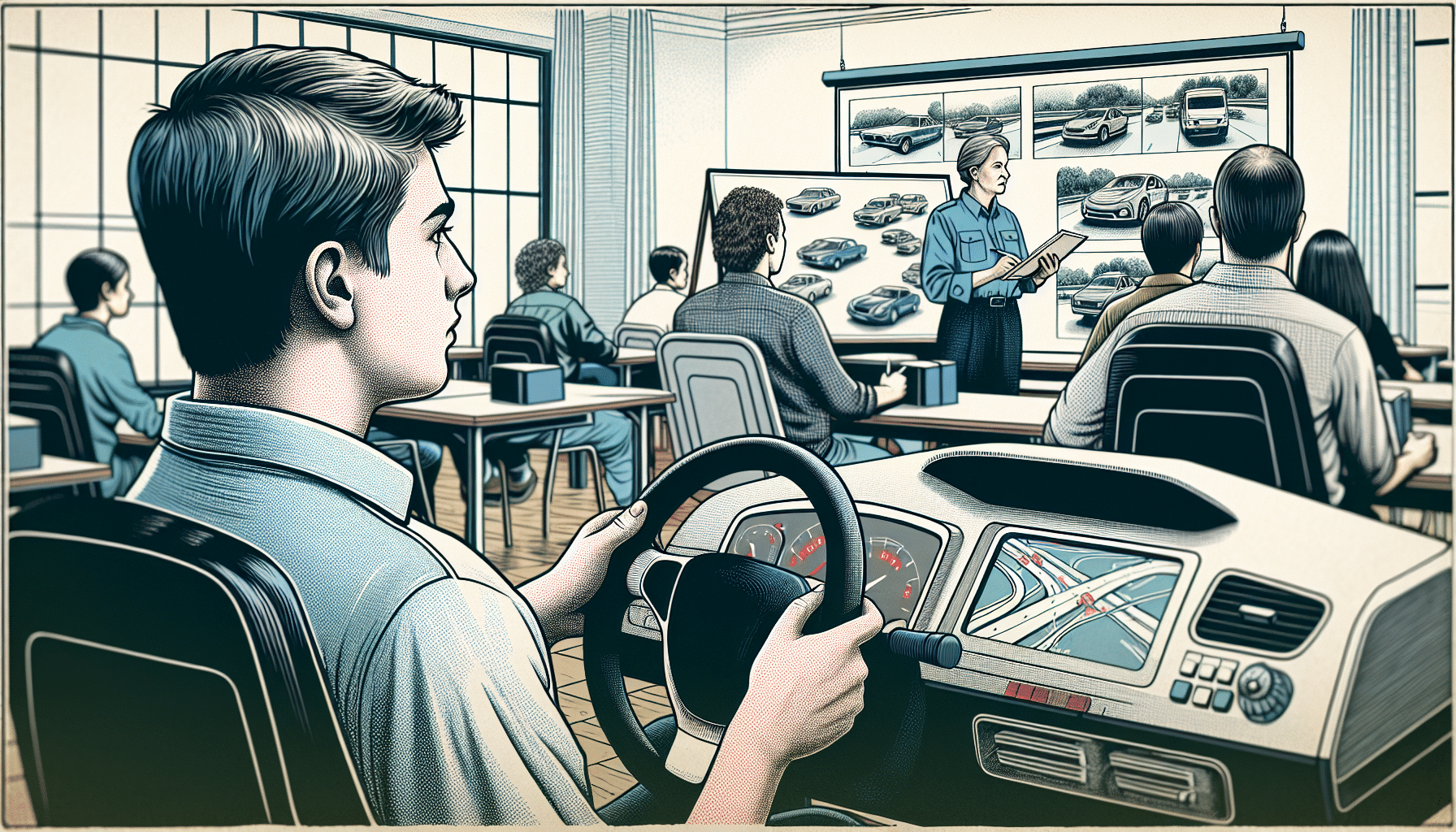 Illustration of a driver attending a defensive driving course