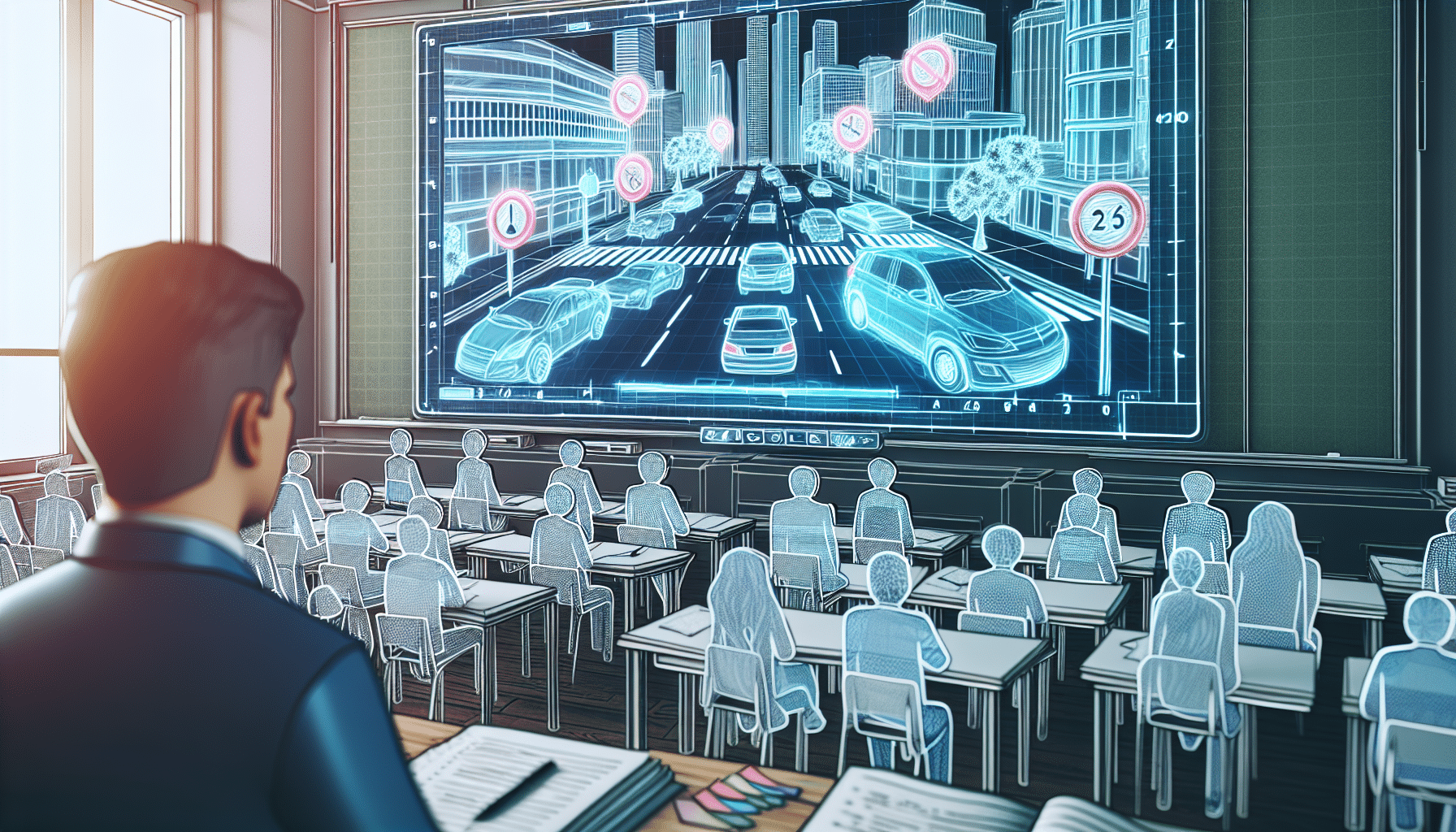Illustration of a person attending traffic school to reduce the cost of a speeding ticket