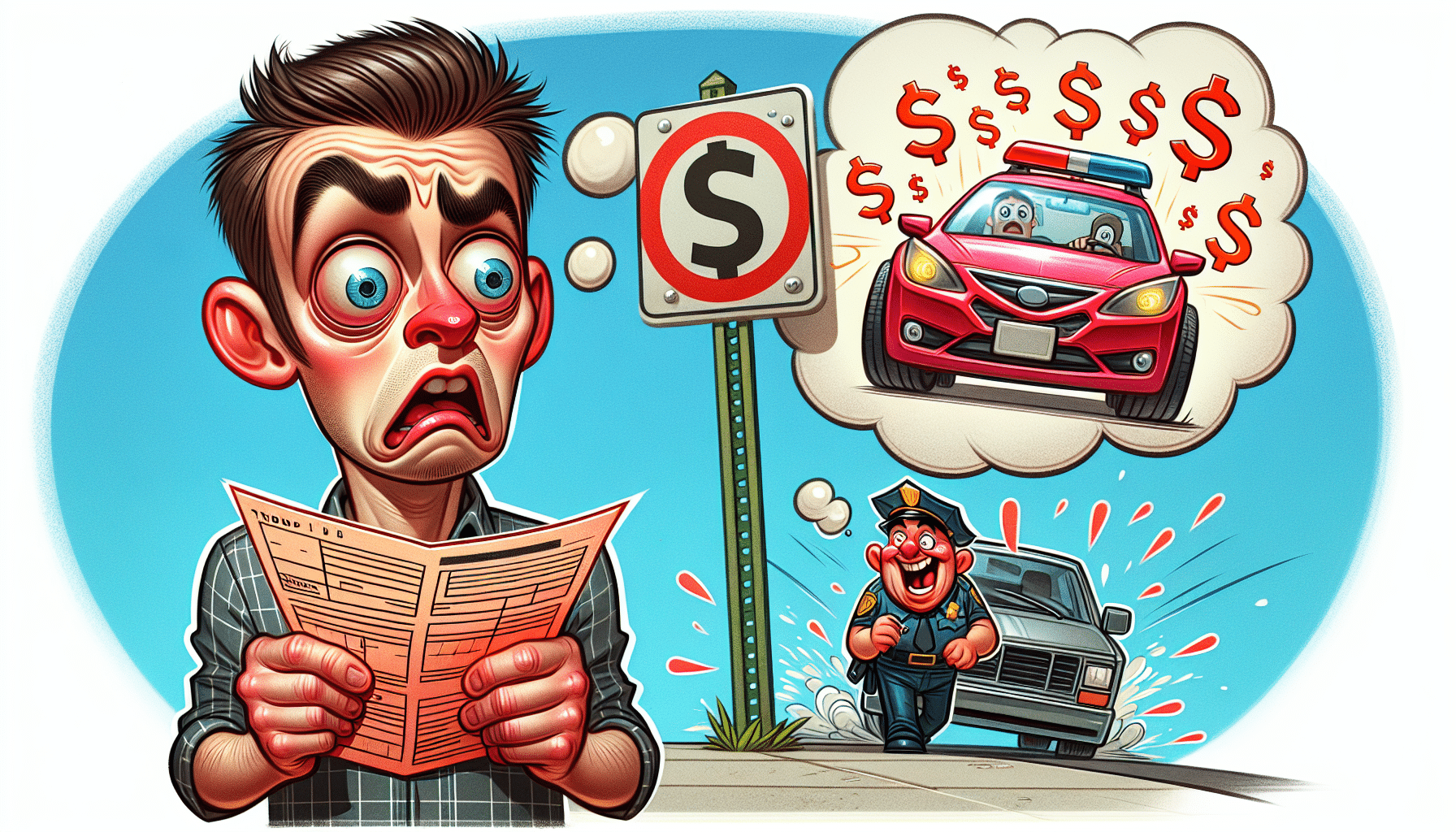 A cartoon illustrating the financial impact of an illegal U-turn ticket.