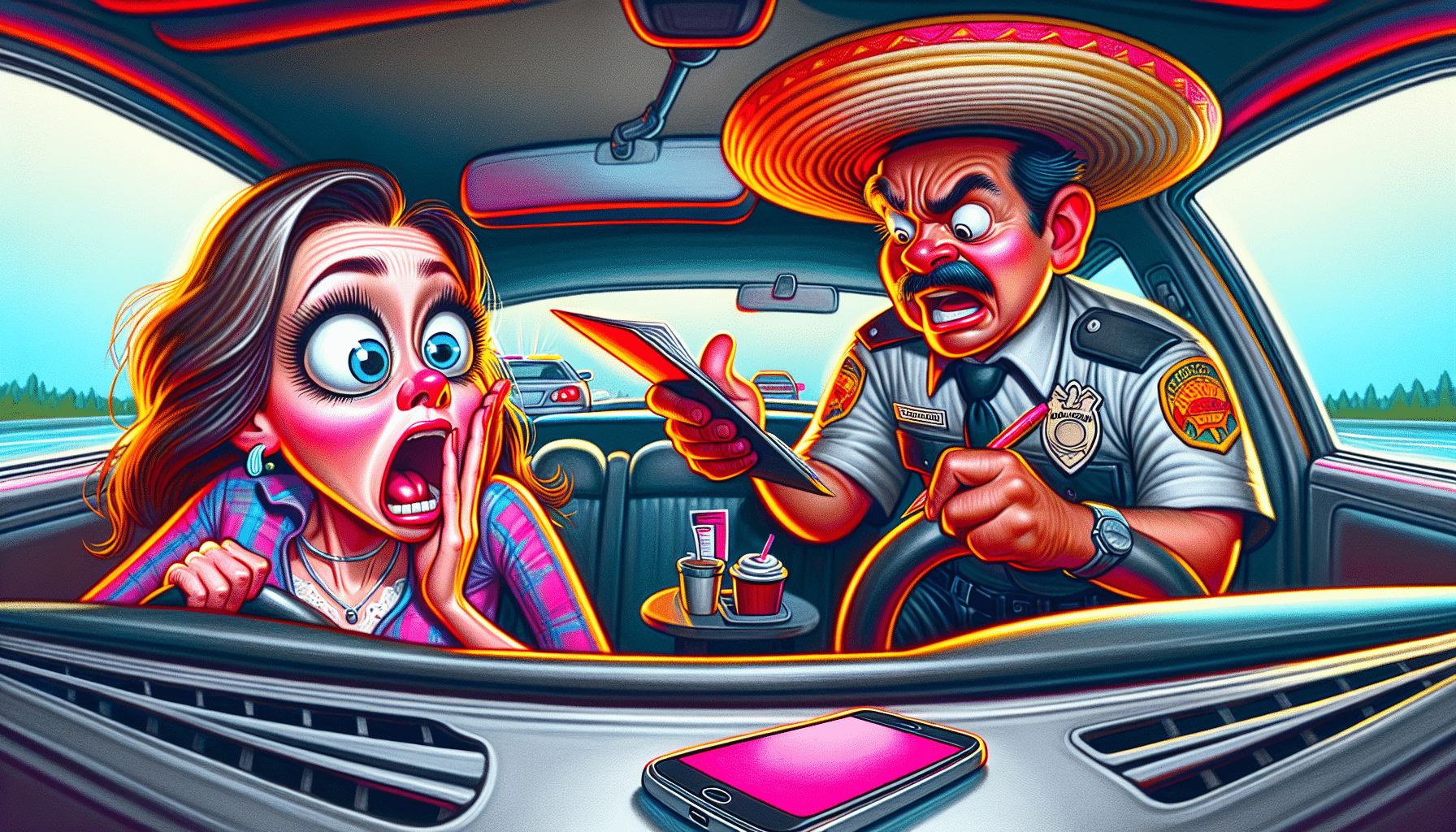 A cartoon illustrating penalties for cell phone violations in California.