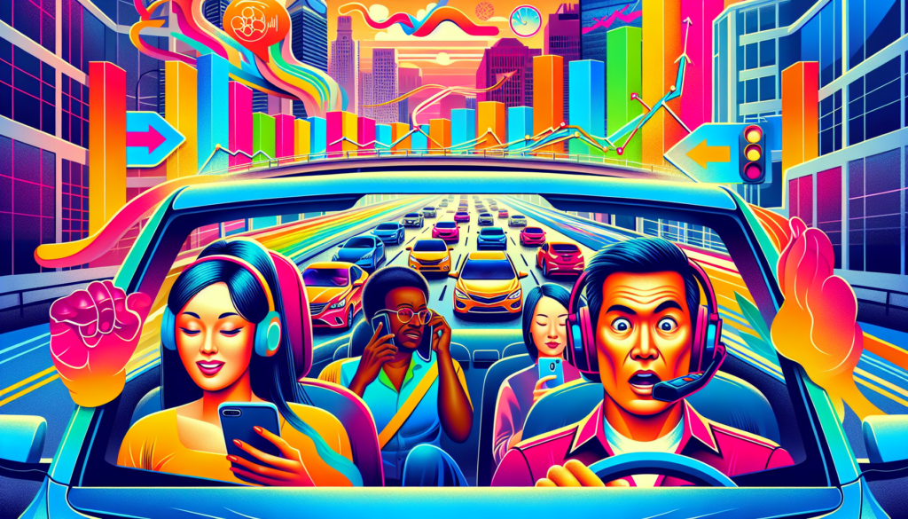 An illustration showing the rising trend of distracted driving with various devices being used by drivers.