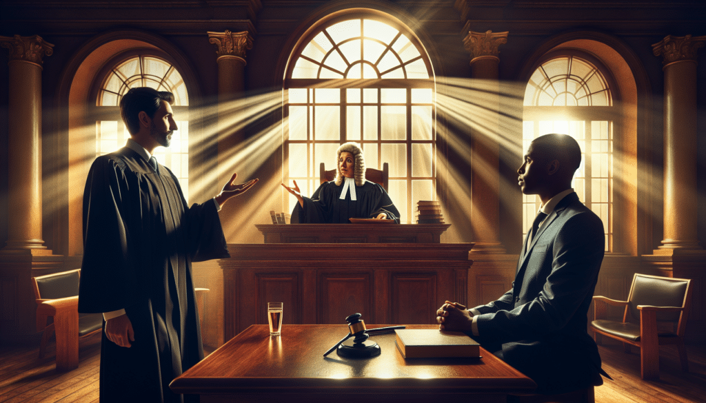 An illustration depicting a traffic court scene, with a judge, attorney, and defendant presenting a case.