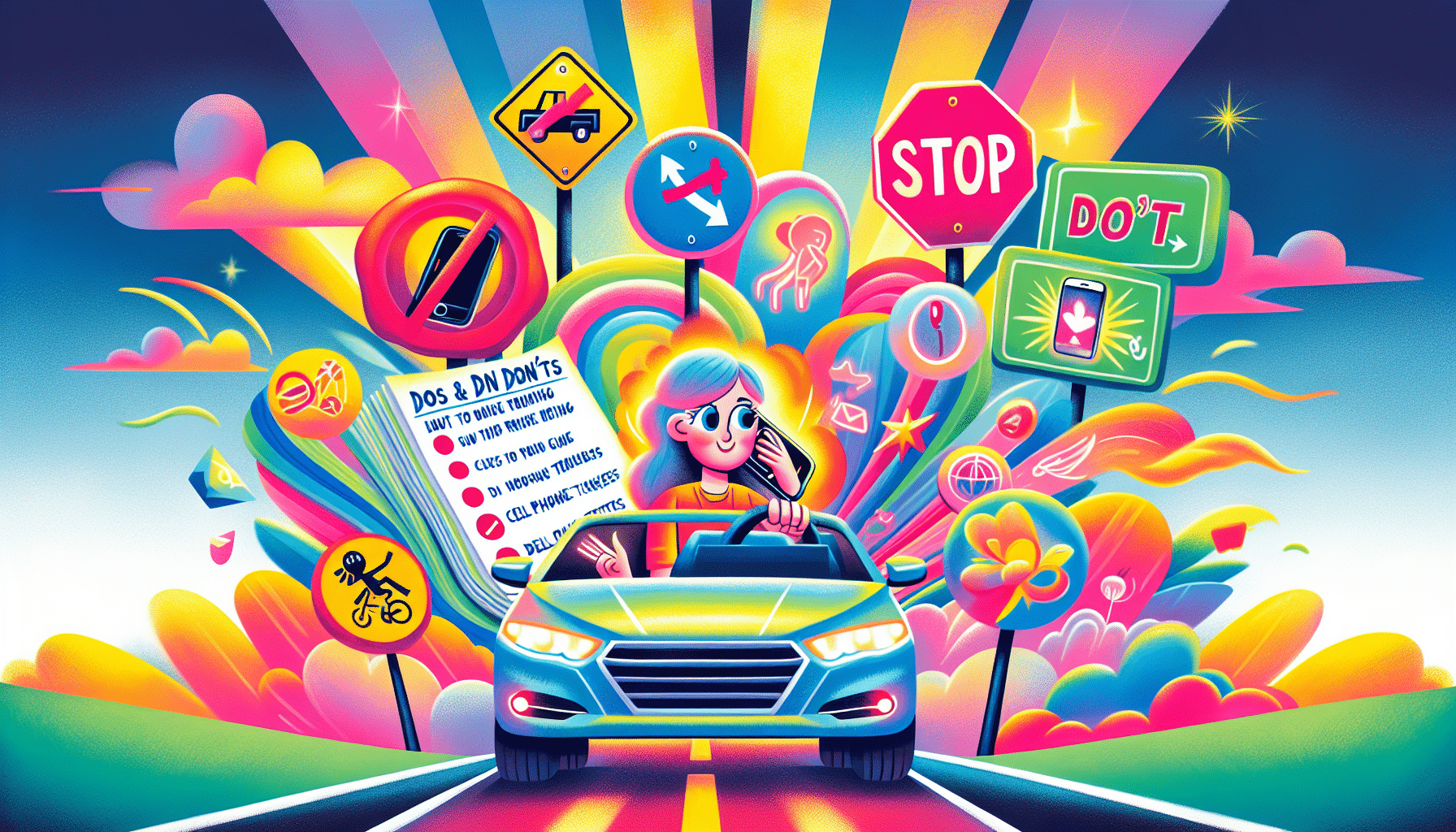 An illustration of tips for avoiding cell phone tickets while driving.