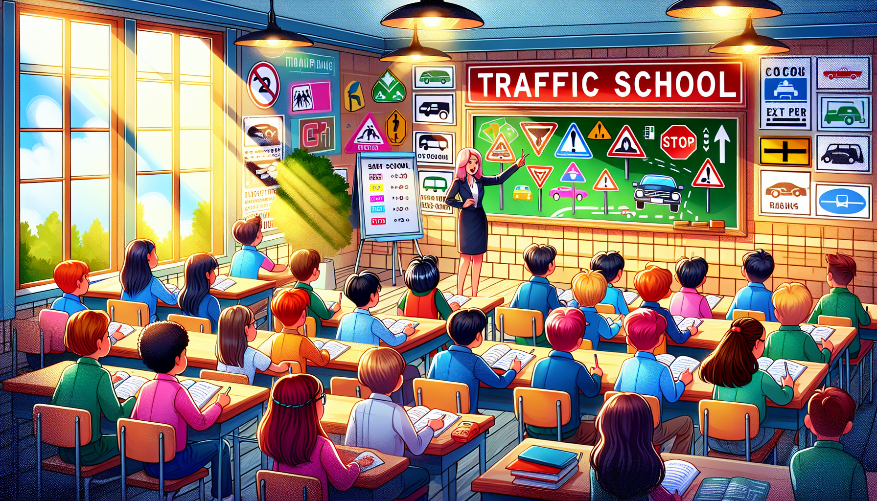 An illustration of a traffic school classroom setting.