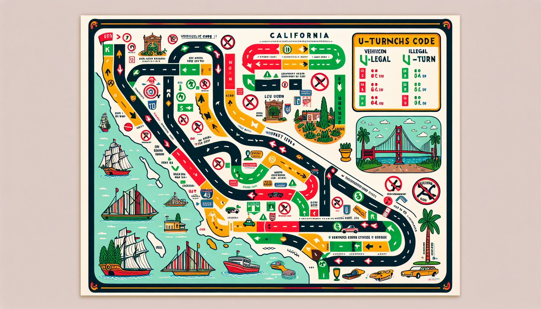 An illustration depicting the California Vehicle Code related to U-turns.