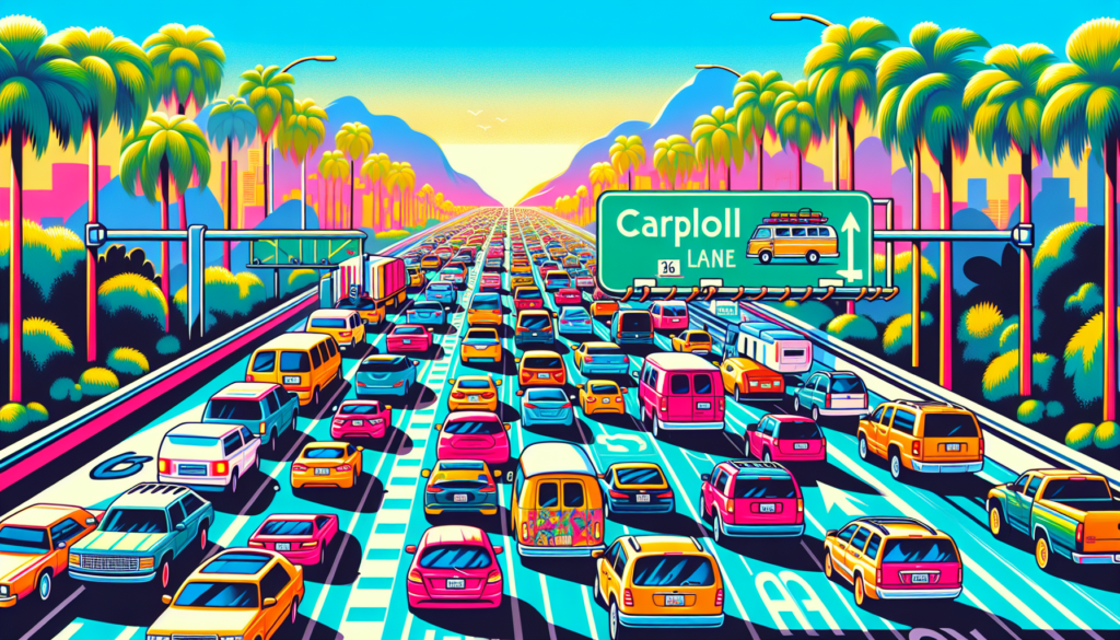 Illustration of a carpool lane with vehicles and signage.