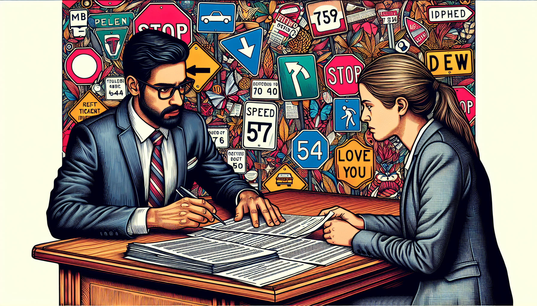 A drawing showing a traffic ticket expert assisting a client.