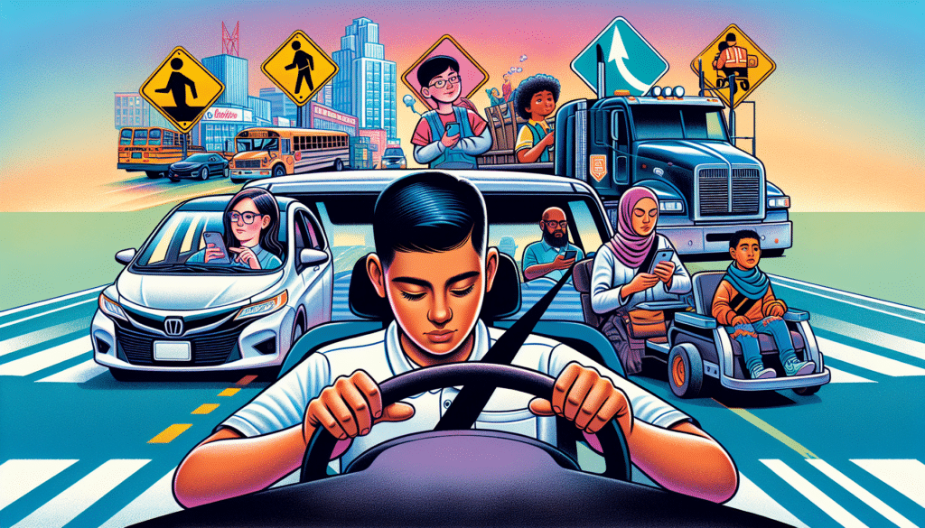 A cartoon depicting various scenarios of distracted driving involving teens and commercial drivers.