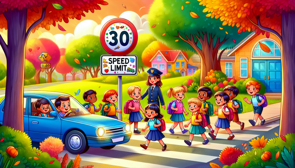 An illustration depicting a school zone with children crossing the street safely, emphasizing the importance of adhering to speed limits.