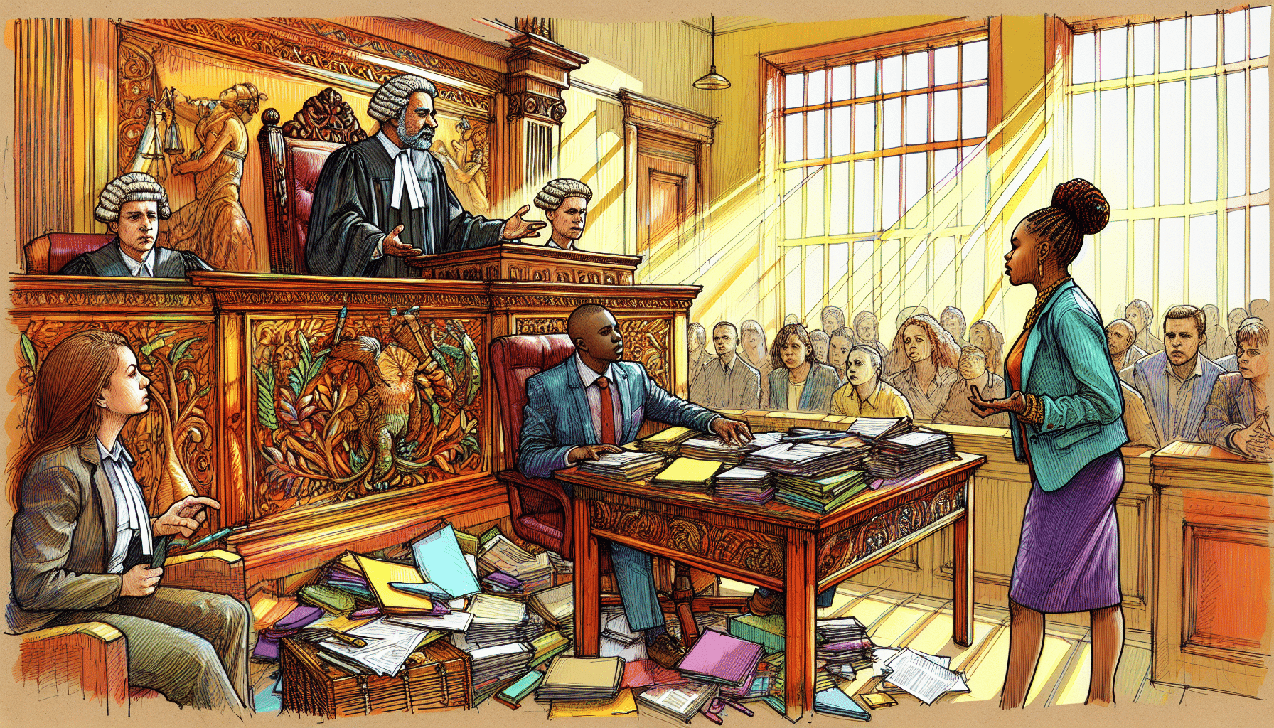 An illustration showing a courtroom scene where evidence is being presented for a speeding ticket case.