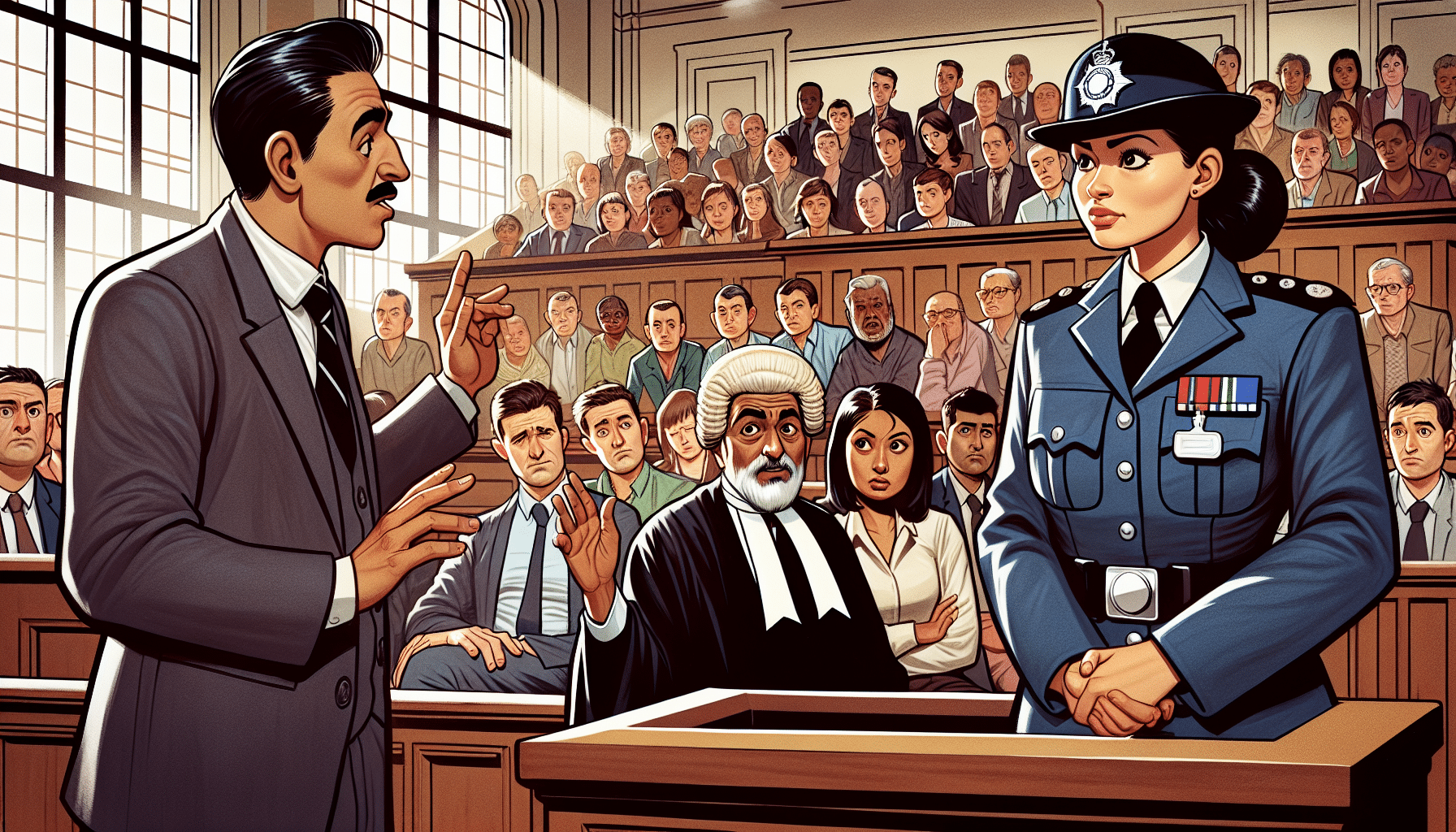 An illustration of a police officer being cross-examined in a courtroom during a speeding ticket trial.