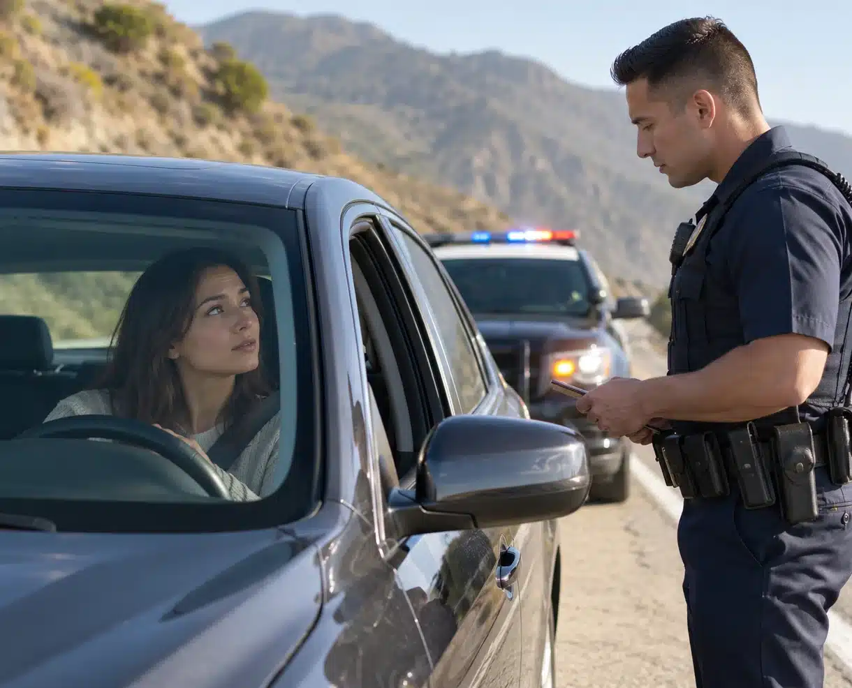 A driver speaking with a traffic officer beside a parked car