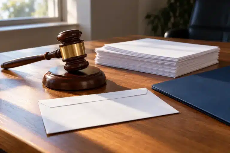 A wooden gavel beside an envelope and a stack of papers
