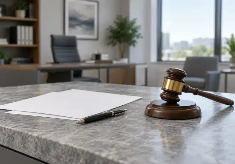 A wooden gavel, pen and blank documents on a desk