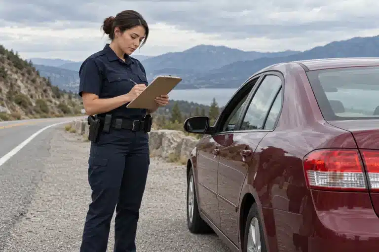 An officer holding a clipboard beside a maroon sedan